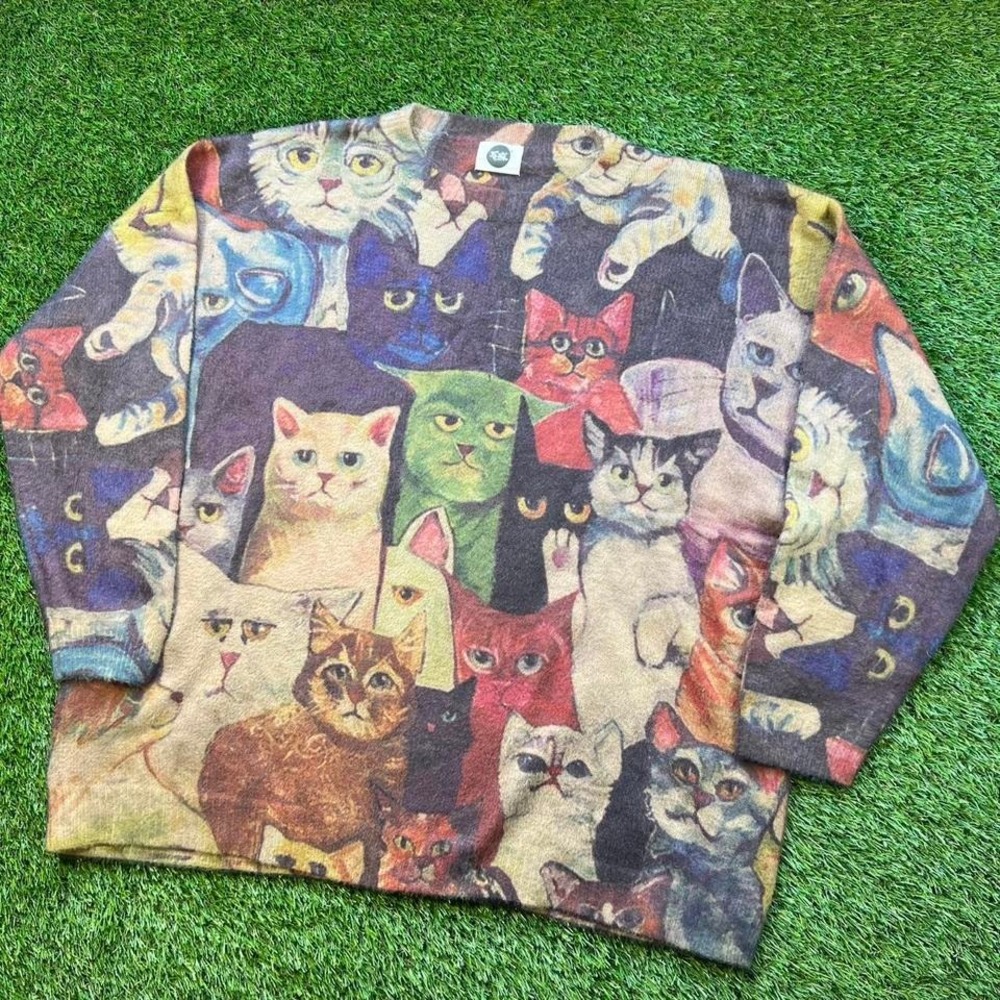 Vintage Cat All Over Print Fleece Sweater XL Oversized Multicolor Art Cats